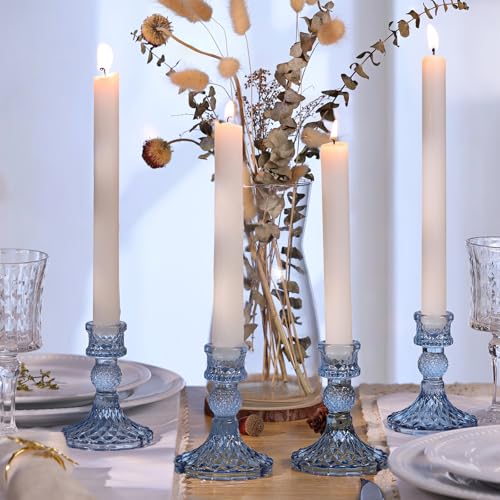 DARJEN 12Pcs 4" H Aqua Blue Candlestick Holders Set- Taper Candle Holders Bulk, Glass Candle Holders for Wedding, Party, Romantic Dinner Table Centerpieces, Festival Gifts & Windowsill Decor - color: Blue Dimond Pattern