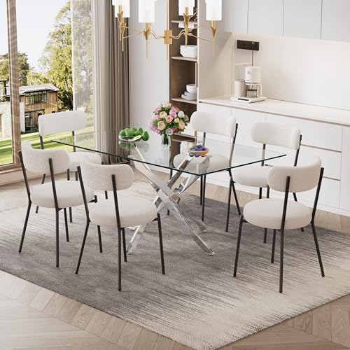 7 Piece Rectangular Glass Dining Table Set, 63'' Modern Kitchen Table Set Silver Base with 6 Minimalism White Boucle Dining Chairs, Dining Table and Chairs for Home, Apartment - color: Silver+white Chairs, size: 63'' + 6 Chairs