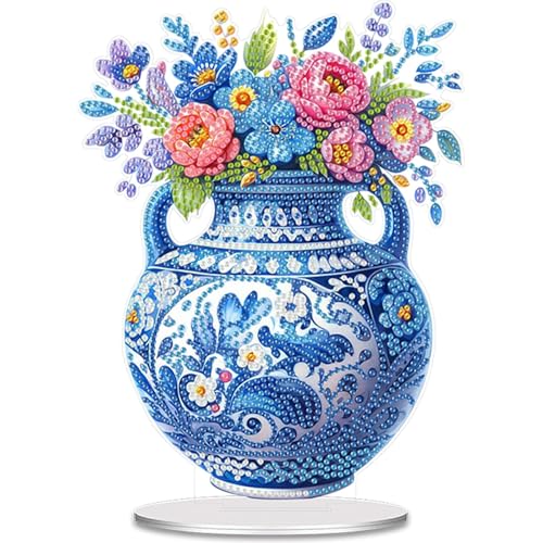 5D Tabletop Diamond Art Kit Vase, Stand Up Special Shaped Crystal Diamond Art Desktop Kits for Adults, DIY Diamond Art Painting Kits Craft Gift, Box Package (Blue) - color: Vase Bouquet