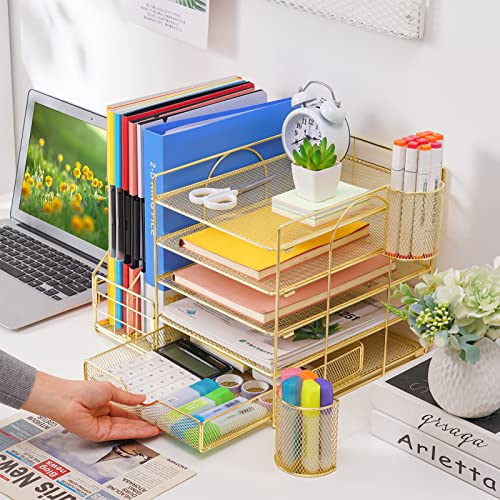 Marbrasse Rose Gold Desk Organizer with File Holder, 5-Tier Paper Letter Tray Organizer with Drawer and 2 Pen Holder, Mesh Desktop Organizer and Storage with Magazine Holder for Office Supplies - color: Gold
