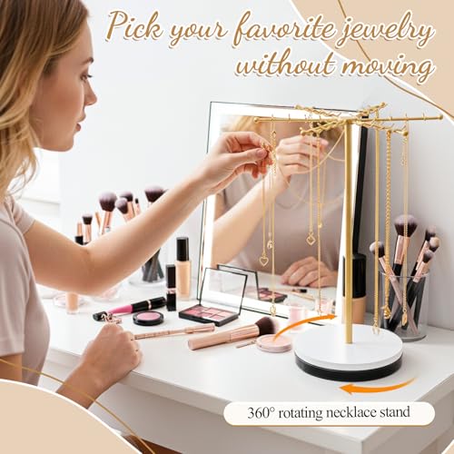 Rotating Necklace Holder Organizer with 48 Hooks, Gold Necklace Organizer, Metal Necklaces Tree Stand, Freestanding Necklaces Hanger, Rotatable Chain Display Carousels, for Earring Keychains Bracelet