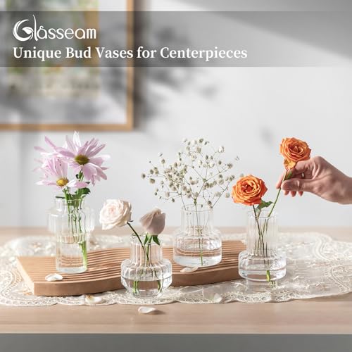 Glasseam Glass Bud Vases for Centerpieces: 4Pcs Clear Small Vase for Flowers Wedding Table Centerpieces - Modern Mini Decorations for Cute Vintage Home Living Room Decor - color: Clear- Wide Ribbed