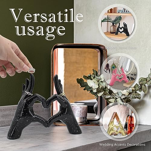 Accessoryway Black Heart Hands Decor Sculpture,Small Love Finger Gesture Decorative Sculpture for Wedding Dresser Shelves Desktop Knick Knacks Home Decor & Ring-Holder Display Stand - color: Black