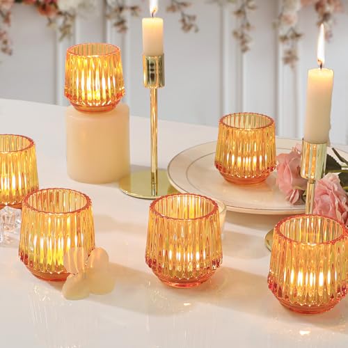 SHOHAYTO Large Amber Glass Votive Candle Holders Set of 6, Ribbed Tealight Holders for Votives, Floating Candles Table Centerpieces Wedding Home Decor - color: Amber