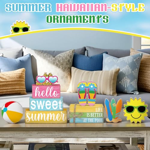 Vercraft 11 Pcs Summer Hawaiian Table Decorations Set Summer Tiered Tray Decor Flip Flops Centerpiece Faux Book Stack Block for Table Home Office Decorations - style: Pool