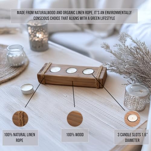Wooden tealight Candle Holder - Rustic Tea Light Holder - Cool Wood Farmhouse Table Decor - 3 Tea Lights Candle Holder Tray - Cute Brown Tea Candle Holders