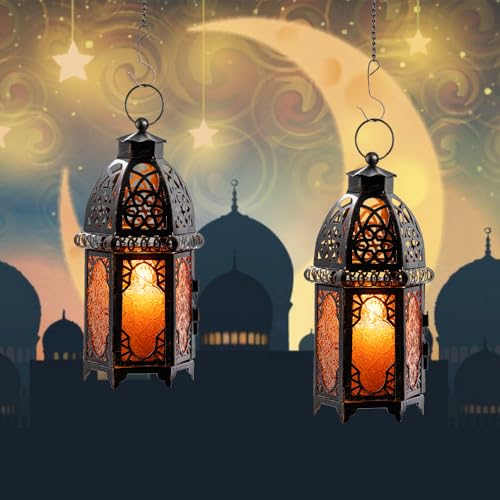 NEEDOMO 11'' Moroccan Lanterns Decorative Indoor & Outdoor, Vintage Christmas Candle Holder, Metal Lanterns Decorative, Table, Patio, Porch, Shelf, Christmas Spring Halloween Home Decor (Amber) - color: Amber, size: Medium