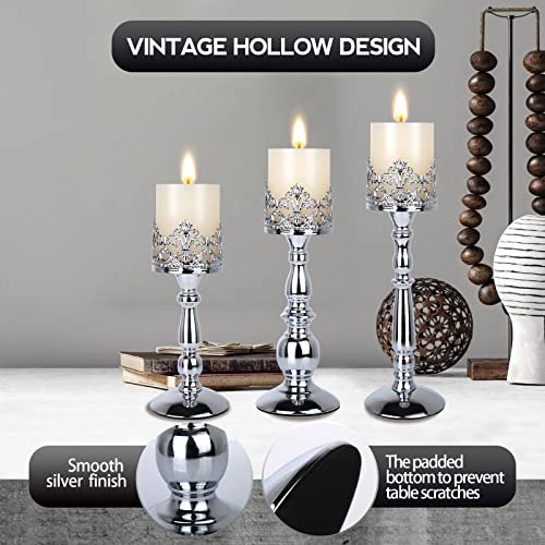 Candle Holders for Pillar Candles Set of 3 Silver Vintage Tall Candle Holders Decorative Large Table Centerpieces Candle Stand Decor - color: Silver