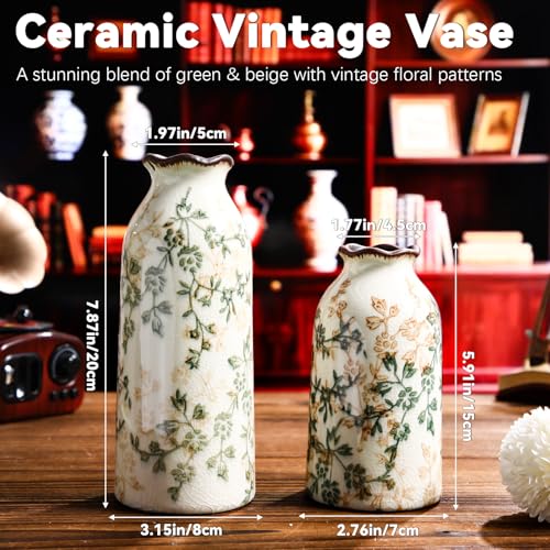 2 Pcs Green Vintage Vase Ceramic Rustic Crackle Floral Vase for Farmhouse Retro Home Bookshelf Living Room Table Centerpiece Decor (Middle and Small)