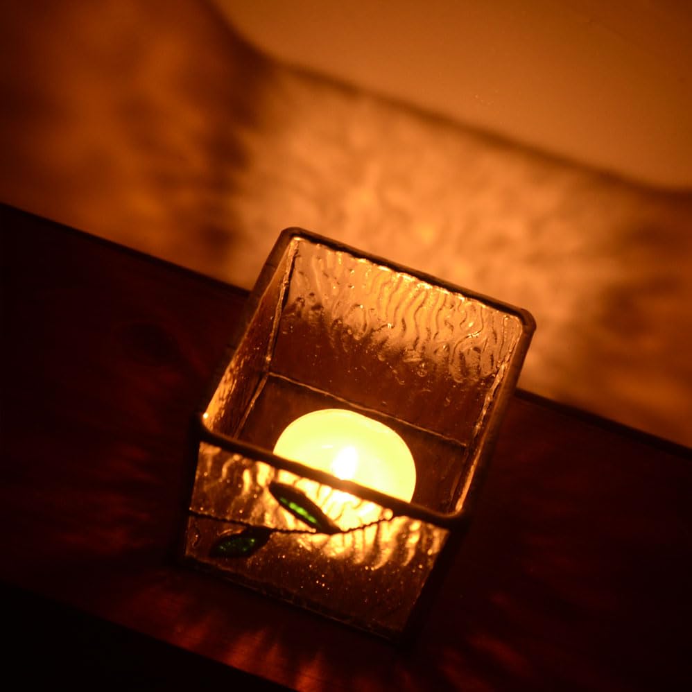 Handmade Windproof Stained Glass Cube Candle Holder - 5-Sided Floral & Leaf Design for Altar, Prayer, Windowsill - Sacred Gift for Christians, Mom, Christmas & Easter (Leaf) - color: Leaf