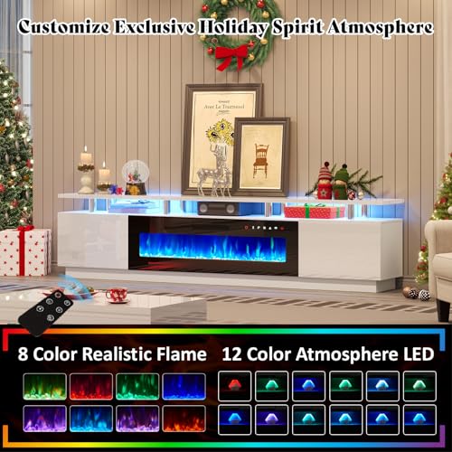 AMERLIFE 90" 2 Tier Fireplace TV Stand with 50" Fireplace, Modern Large Entertainment Center LED Lights, Media Console Table Storage Cabinets for TVs Up to 100", Living Room, White & Black - color: White & Black, size: 90"