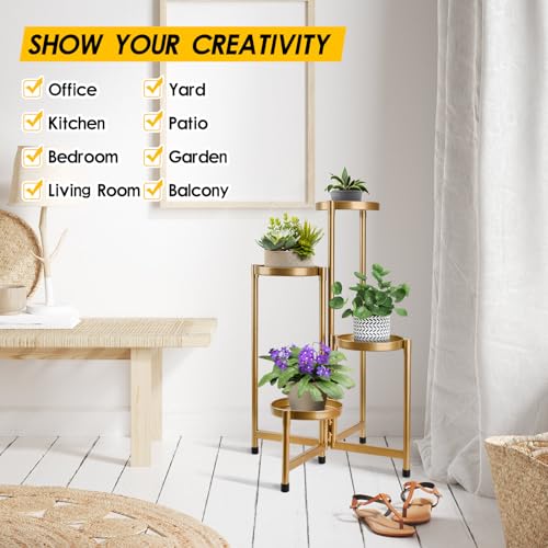 4 Tier Plant Stand Indoor Outdoor, 31 Inch Tall Metal Plant Shelf Waterproof, Plant Holder with Folding Design For Home, Living Room, New Upgrate Gold - color: Gold
