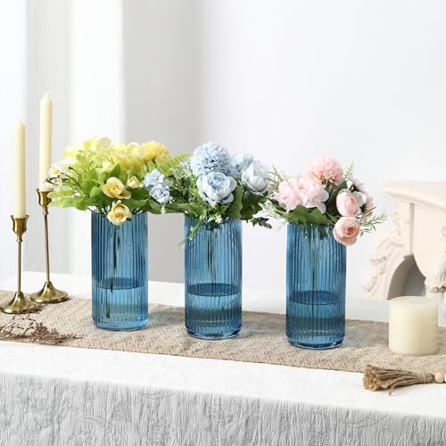 Blue Glass Vases, Flower Vases Set of 3, Ribbed Glass Vase for Tulips, Tall Cylinder Glass Vases for Living Room, Bedroom, Dining Table, Office, Wedding, Bookshelf Decoration, 8 Inches - color: Blue, size: 8'' X 3Pack