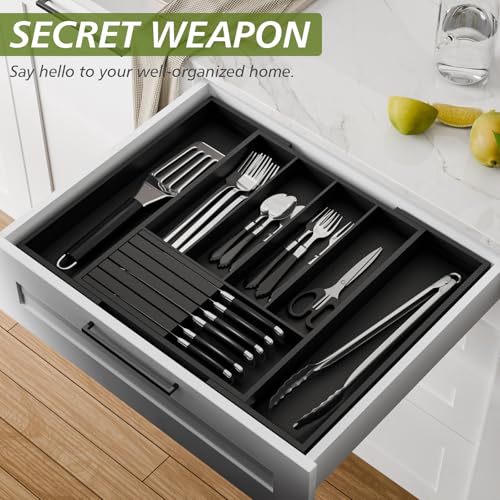 Bamboo Kitchen Silverware Drawer Organizer - Expandable Wood Utensil Holder with Dividers, Luxury Cutlery Storage Tray for Kitchen Utensil and Flatware (5-7 Slots with Removable Knife Block, Black) - color: Black