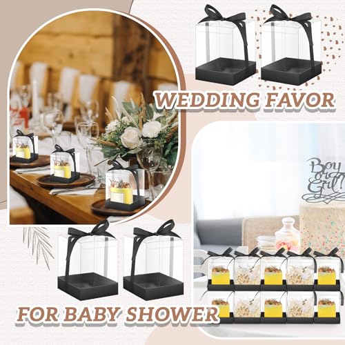 Cunno 36 Set 3.5 x 3.5 x 4.3 in Candle Gift Package Valentine's Transparent Box 4-18 oz Handmade Tealight Candle Holder Paper Bottom Ribbon for Wedding Baby Shower Party Mug(Black) - color: Black