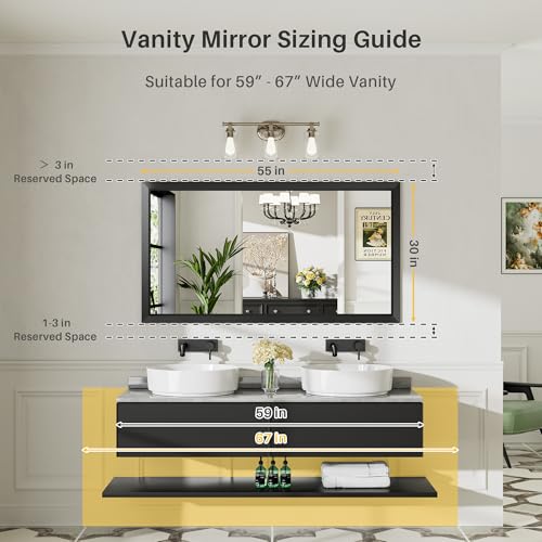 Briivue 55x30 Inch Black Bathroom Mirror for Wall, Thick Metal Framed Rectangle Mirrors for Over Sink, Bedroom, Living Room, Entryway, Anti-Rust, HD Tempered Glass - color: Black, size: 55"L x 30"W