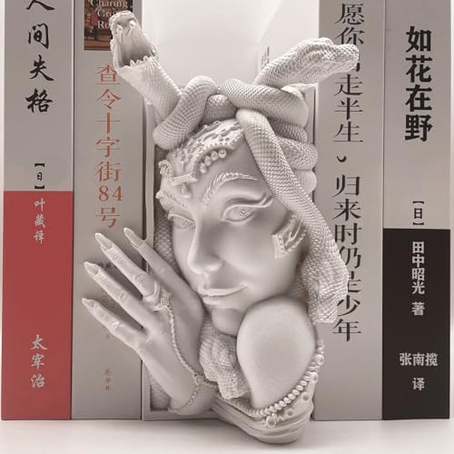 Medusa Head Book Nook, Unique Snake Women Face Decorative Bookends, Heavy Duty Book Stopper for Home Office Desk, Vintage Shelf Decor (White)