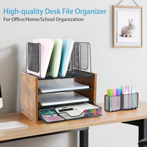 OPNICE Desk Organizer, 4-Tier Desktop File Organizer with Drawer and 2 Pen Holders, Office Desk Accessories, Workspace Organizers for Office Supplies(Brown Wood) - color: Brown Wood, size: 4-Tier Upgrade
