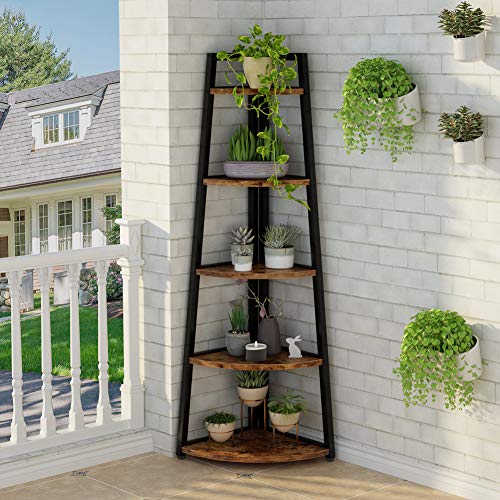 Tribesigns 70 inch Tall Corner Shelf, 5 Tier Rustic Corner Bookshelf Bookcase Industrial Corner Ladder Shelf Plant Stand for Living Room, Kitchen, Home Office (Brown) - color: Brown