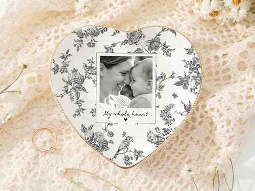 Personalized Heart Photo Ring Dish Toile De Jouy Custom Jewelry Tray Mother Of The Bride Wedding Keepsake Porcelain Trinket Bowl Birthday Engagement Present For Her Daughter Son Jewelry Holder - color: Design 04