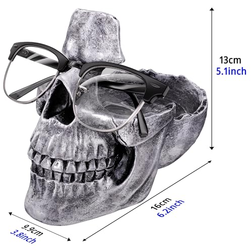 READAEER Skull Glasses Stand Holder, Creative Eyeglasses Holder, Sunglasses Spectacle Display Rack, Key Holder Resin Sculptures for Entryway, Home, Office, Desk, Nightstand (Silver) - color: Silver