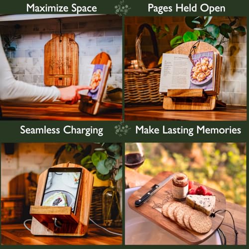 Wood Cook Book Stand for Kitchen Counter, Mothers Day Gift for Mom, Reversible Acacia Recipe Book Holder, Cooking Measurement Conversion Card, Adjustable Tablet Holder, Charging Cable Slot - style: Modern Classic