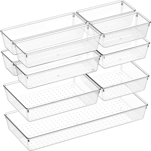 Criusia 11 PCS Clear Plastic Drawer Organizer Set - 5 Large Size Versatile Kitchen and Bathroom Organizer Trays, Non-Slip Storage Bins for Makeup, Utensils, Tool and Office Desk - size: 11PACK