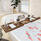 Teak Bathtub Tray - Luxury Bath Tray with Expandable Handles, Wine Glass and Phone Holders, Book Stand - Perfect for Home Spa Relaxation and Reading - Natural Bath Accessories - Dark Walnut Color - color: Dark Walnut-expandable