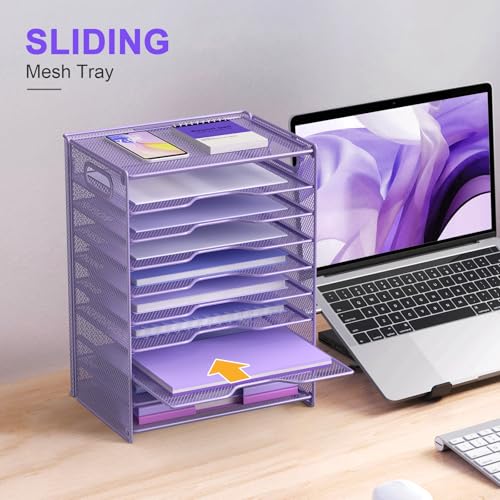 OUTWOLF 10 Tier Paper Organizer - Letter Tray Mesh Desk File Organizer with Handles for Office School Desktop, Purple - color: Purple