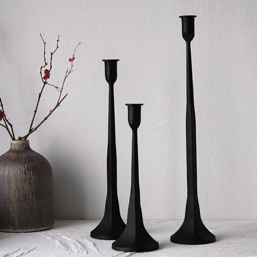 Denique Iron Taper Candle Holder Set of 3, Black Candlestick Holders Decorative Candle Stand, Tapered Candle Holders Tall Set for Wedding, Dining Table, Home Decoration (Black) - color: Black, size: 12”,14”,15.5”