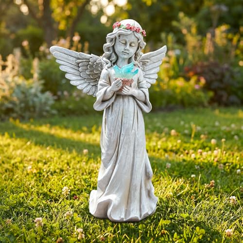 Angel Garden Statue Outdoor Decor, Angel Garden Figurine Hold Dove with Solar Lights Waterproof Resin Yard Art Decoration Lawn Ornament Sculpture for Outside Patio Yard Gift - style: Dove