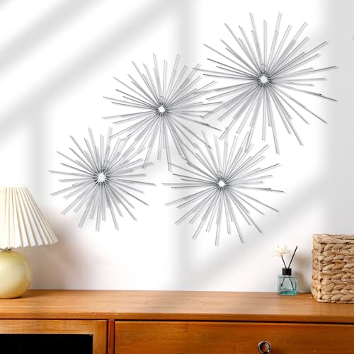Shimeyao 4 Pcs Metal Starburst Wall Decor Silver Metal Wall Art 3D Spike Bling Finish Star Burst Hangings Accents Sculptures Set Modern Mid Century Decorations for Living Room Bedroom Entryway - color: Silver, style: Spike