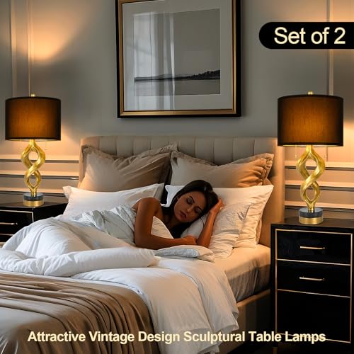 Sculptural Table Lamp Set of 2 for Bedroom, 26” Gold Leaf Farmhouse Bedside Lamps for Living Room, Pull Chains Switch Rustic Nightstand Lamp Marble Base with USB for Home Room Decor (Bulbs Included) - size: 26 inches Gold Leaf -032