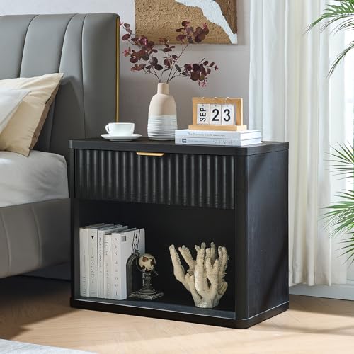 LEYAOYAO 31" Wide Fluted Nightstand with Charging Station, Oversized Extra Large 1 Drawer Night Stand with Golden Handle, Black Wood Bedside Table Tall End Tables,for Bedroom, Living Room, Hallway - color: Black, size: 1 Drawers