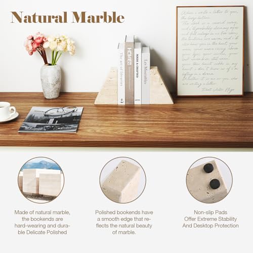 Karibiber Travertine Bookends for Heavy Books, Marble Decorative Bookends for Shelves, Heavy-Duty Stone Book Ends for Hardback Book & Cookbooks, Unique Book Stopper & Holder, Travertino Italy - color: Travertine
