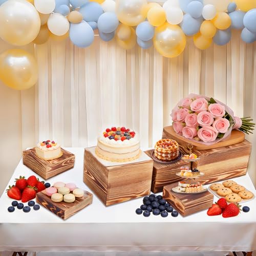 Garvee 6 Pack Wooden Risers Display Stands, 5/6/7/8/9/10 in Square Wood Cake Cupcake Stands, Buffet Food Risers, Decorative Wooden Crates for Party, Wedding, Christmas Decor, Brown