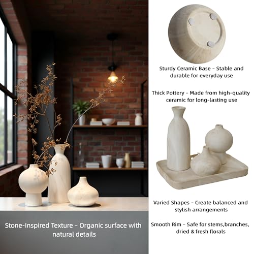 White Ceramic Vase Set of 3 in Beige, Modern Aesthetic Stone-Look Textured Pottery Vases for Shelf & Bookshelf Home Decor, Neutral Minimalist Decorative Vases for Flowers & Pampas Grass