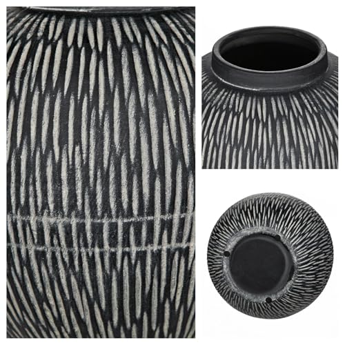 7" Short Rustic Vase with Geometric Linear Striations, Round Ceramic Vase Suitable for Leaves Stems & Flowers, Low-Profile & Cool Tone Style, Chunky, Small & Dark Grey - color: 7" Dark Grey