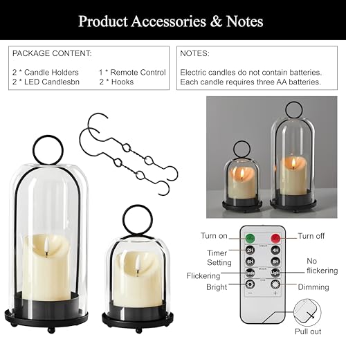 5"&4" Metal Candle Holder with Handmade Glass Dome in Brass & 2 Timer Candles, Set of 2 Versatile Hurricane Glass Candle Holders for Pillar Candles & Plants - color: Black