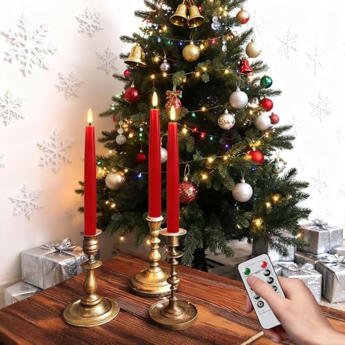 GenSwin Flameless Taper Candles, Set of 3 Red LED Taper Candles Battery Operated with Remote Timer, Real Wax Flameless Candlesticks with 3D Flame for Home Wedding Party Holiday Decor (0.78” x 9.65”) - color: 3-Red