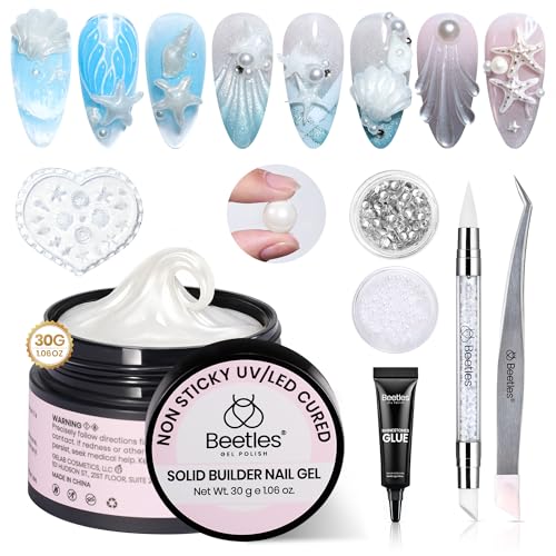 Beetles 3D Gel Nail Art with 3D Mold-Pearl White Solid Builder Nail Gel,5 in 1 Non-Sticky Sculpting with Dual-Ended Sculpture Pen, Beginner Friendly DIY at Home,UV LED Lamp Needed,Pearl Drift - color: Pearl White