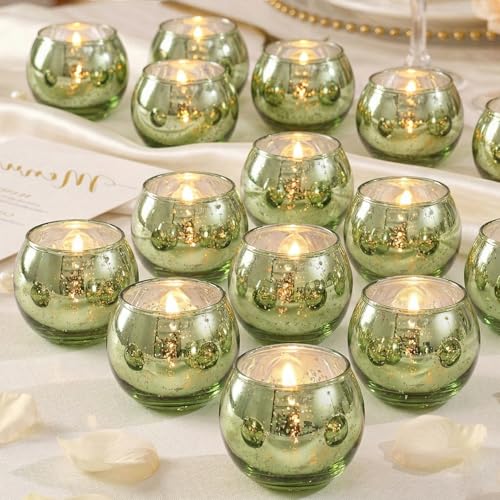 LAMORGIFT 24 Pcs Green Candle Holder for Wedding Decor- Sage Green Mercury Glass Votives for Bridal Shower, Tea Party Table Centerpieces, Vintage Rustic Wedding - color: Green