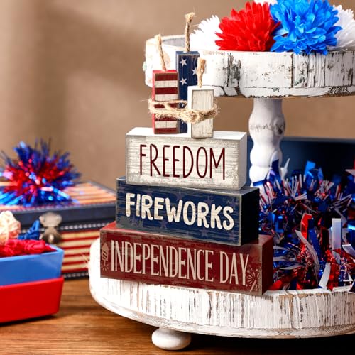 CroBlissful 4 Pcs 4th of July Decorations Patriotic Memorial Day Tabletop Decorations Red White Blue Table Centerpieces Sign for Office Tiered Tray Home Shelf 250th Anniversary(Patriotic) - style: Patriotic