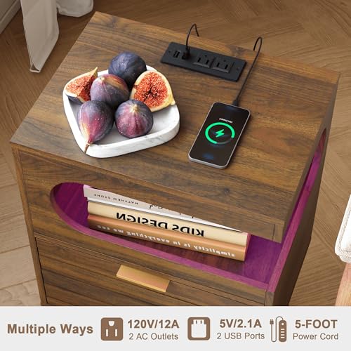Veegle Nightstand,Modern Bedside Table with Storage Drawer and Open Wood Shelf, Accent Night Stand with Solid Wood Legs for Living Room, Bedroom and Small Spaces,Easy Assembly (Walnut Brown) - color: Walnut Brown