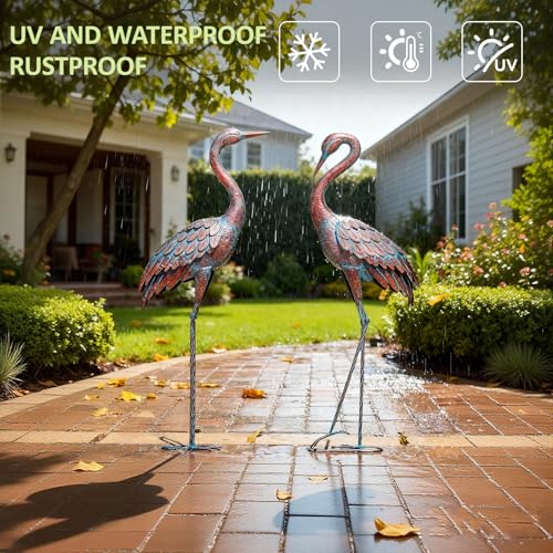 Kircust Garden Crane Statues Patina Heron Decoy, Standing Metal Crane Sculptures Bird Yard Art for Outdoor Decor, 47-48 Inch, Set of 2 - color: Patina 2
