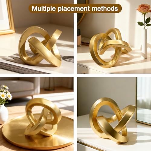 Gold Geometric Knot Sculpture - Resin Infinity Loop Decorative Statue for Coffee Table, Bookshelf Decor, Modern Home Accents - Small Tabletop Art Object