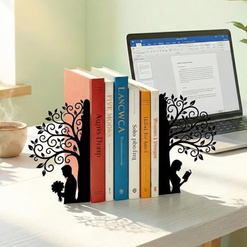 Sanwarm Metal Bookends Tree Love Book Ends Decorative Bookend for Home Office Library Desk Book Shelves Decor, Gift for Reading Enthusiasts Non-Skid Book Stoppers Holder (Black 1 Pair) - color: Vintage Tree
