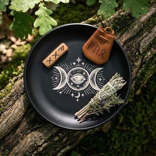 5.5inch Altar Ritual Plate Dish Stainless Steel Flat Bowl Round Metal Jewelry Tray Astrology Tarot Plate Ring Trinket Holder for Smudging Decoration Trays (Triple Moon Black) - color: Triple Moon Black