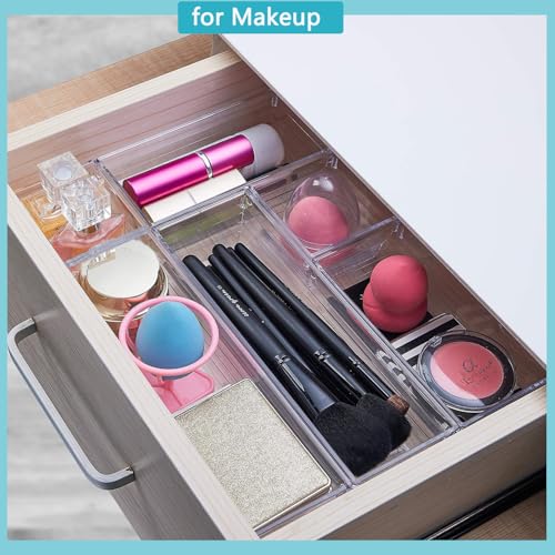 DCA 44 PCS Clear Drawer Organizers Set, 4 Size Versatile Bathroom and Vanity Organizer Trays, Cosmetic Display Cases for Makeup, Jewelries, Bedroom, Kitchen Utensils and Office - size: 44PC