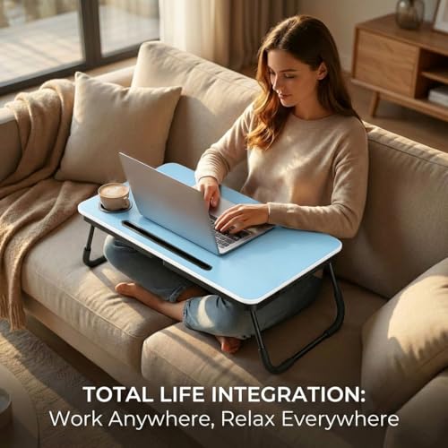 BUYIFY Foldable Laptop Bed Desk for Couch, Sofa - Large Lap Desk Tray Table with Cup Holder and Tablet Slot - Portable Notebook Stand for Eating, Writing, Studying and WFH (Blue) - color: Blue